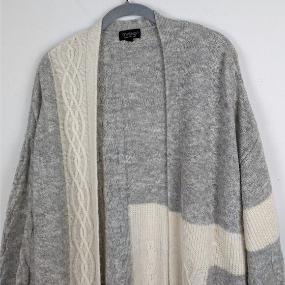 Topshop Light Gray and Cream Cable Knit Open Front Long Cardigan Sweater Size 4 - Picture 4 of 11